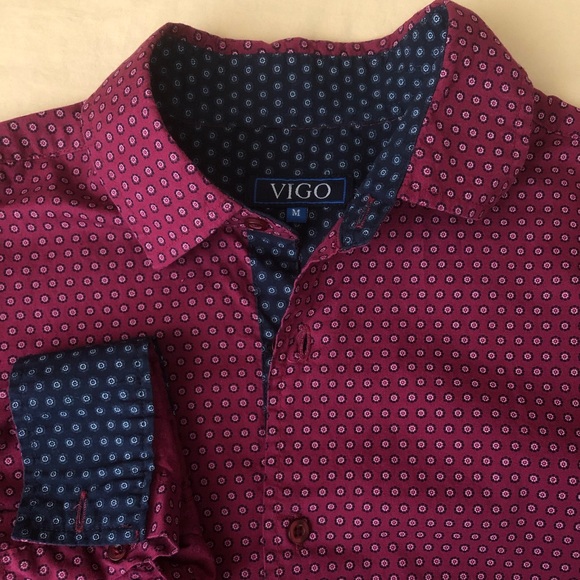 Vigo Mens Dress Shirt M Flip Cuff Contrast Burgundy Navy Blue - Picture 2 of 7